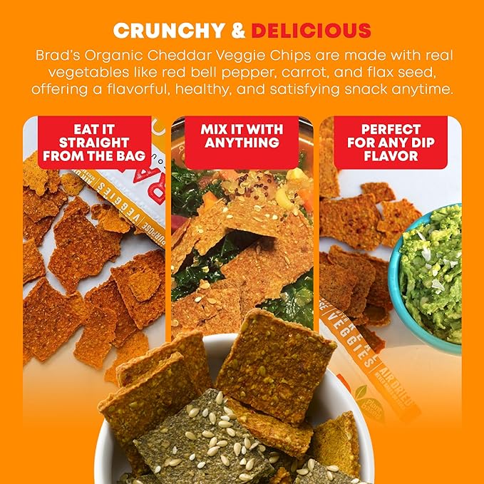 Brad’s Plant-Based - Organic Veggie Cheddar Chips - Delicious Healthy Snacks - High Protein & High Fiber Snacks - Low Carb - Organic Veggie On-the-Go Cheddar Chips - 3 Oz (Pack of 5)