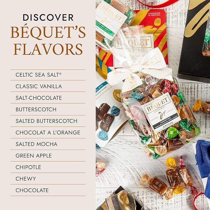 Béquet Assorted Caramels - Gourmet Individually Wrapped Candy Variety Pack - Celtic Sea Salt, Salt Chocolate, Classic Vanilla, Butterscotch, Green Apple, Salted Mocha & Salted Butterscotch - 8 oz Gift Bag