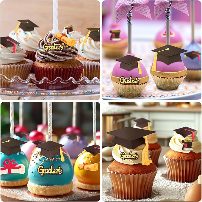 CLUEWR 4 PCS Graduation Chocolate Fondant Molds, Silicone Graduation Cap Diploma Candy Molds for Cake, Cupcake Decorations, Graduation Party Supplies