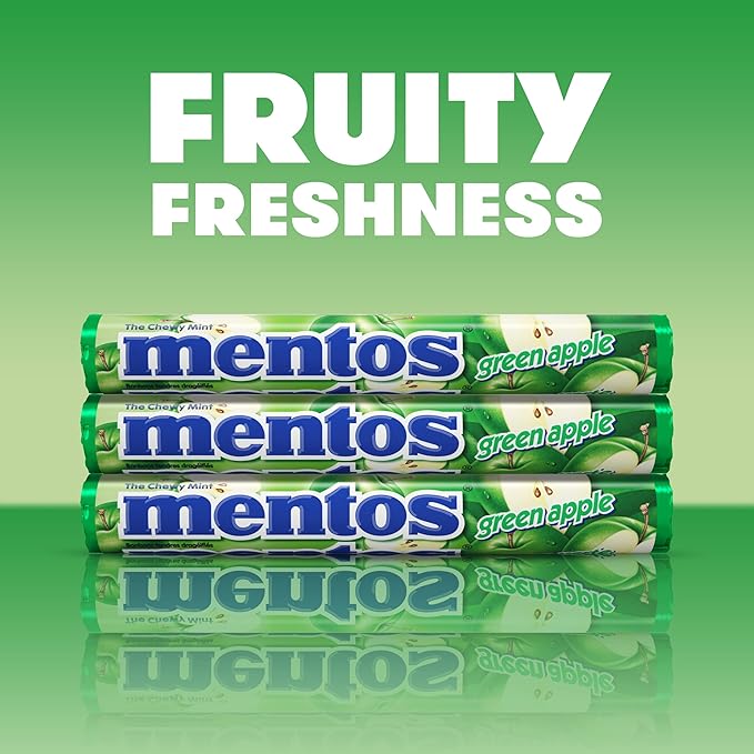 Mentos Chewy Mint Candy Roll, Green Apple Mint Candies, 14 Pieces Per Roll, 15 Count Party Pack