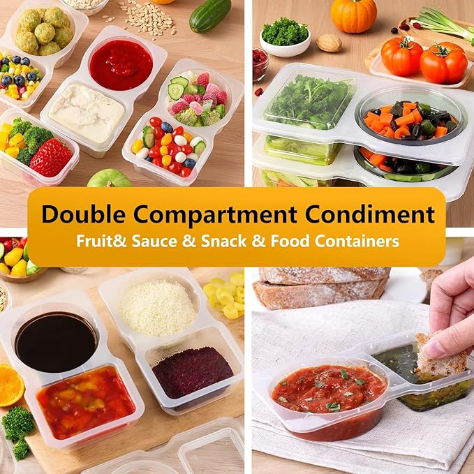 10pcs Reusable Snack Containers with Lids,2025 New 2 Compartment Plastic Containers for Pack Snacks,Leakproof Double Compartment Condiment Pack for Meal Prep, Portion Control,On-the-Go School Travel