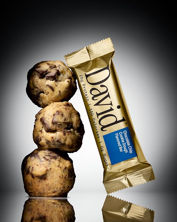 David Protein Bar, Chocolate Chip Cookie Dough, 24 Protein Bars | 28g of Protein | 150 Calories | 0g of Sugar - High Protein, Low Carb, Gluten Free Protein Bar, Pack of 24