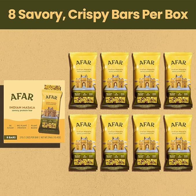 Afar Savory Protein Bars – Low Sugar, High Protein – Healthy Snacks for Adults – Meal Replacement Bar – Rice Crispy Texture – Vegan, Gluten Free (8 Bars, Indian Masala)