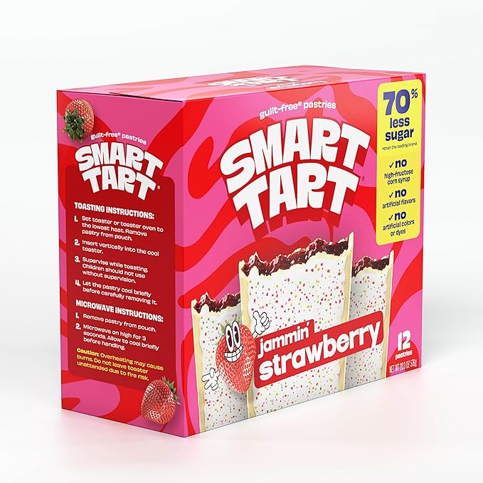 Smart Tart Toaster Pastries Frosted Strawberry - Low Sugar Snacks, Healthy Breakfast Pastry, On the Go Snack, Real Fruit Filling - Only 6g Added Sugar - 12 Count