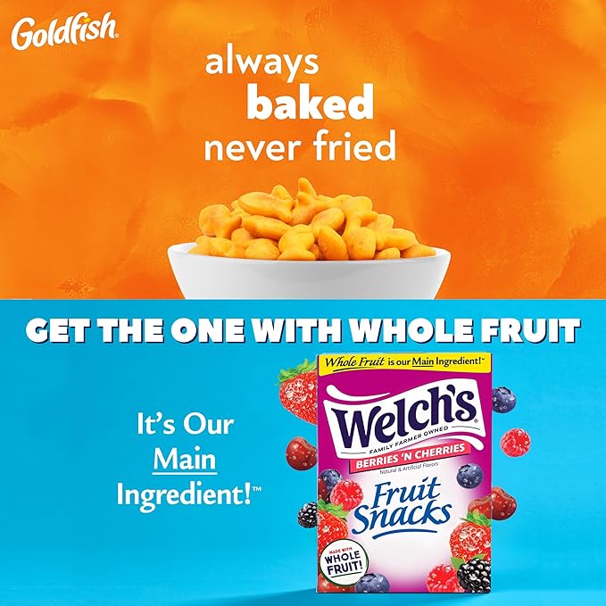 Goldfish and Welch’s Fruit Snacks for Back to School, 1 Box of Goldfish Cheddar Cheese Snack Packs (20 Count) and 1 Box of Welch’s Berries ‘N Cherries Fruit Snack Packs (40 Count)