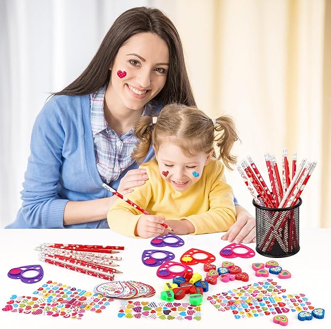 POPGIFTU Candy-Free Valentine’s Day Gifts for Kids – 28 Pack Giant Lollipop Stationery Valentines Kit with Cards, Pencils, Erasers, Rulers & Stickers –Classroom Valentine Cards for School Party Favors