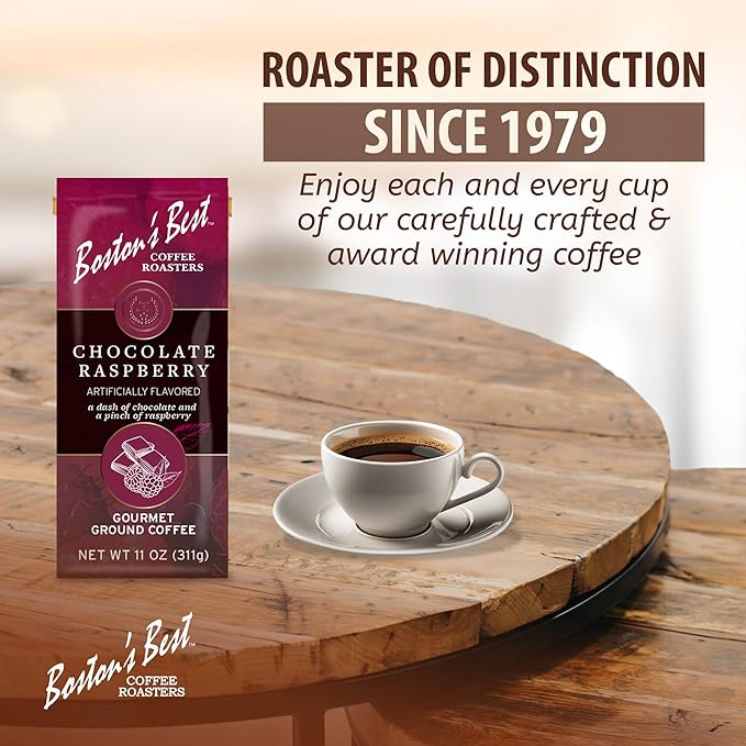 Bostonโs Best Coffee โ Chocolate Raspberry Flavored Gourmet Ground Coffee โ Medium Roast โ 11 oz