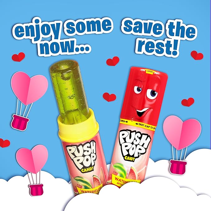 Push Pop Valentine's Candy Variety Pack, 24Ct Bulk Individually Wrapped Lollipops in Assorted Flavors, Full Size, Fun Hard Candy For Birthday Parties, Valentine's Gifts, Goodie Bags, Party Favors