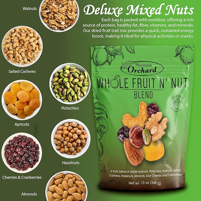 PREMIUM ORCHARD Whole Fruit N' Nut Blend - Deluxe Trail Mix Nuts | Heart Healthy Snacks for Adults and Kids | Fruit and Nut Trail Mix | Good Snack Mix