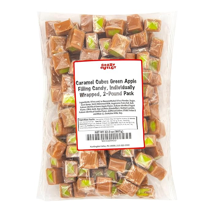 Caramel Cubes Candy - 2 Pound Pack (150 Count) - Green Apple Filling - Individually Wrapped