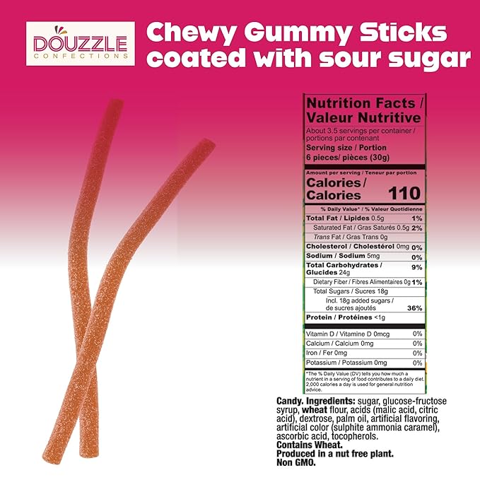 DOUzzle Valentines Day Sweet Treats, Sour Sticks Chewy Candy Straws Cola (1.85 OZ - 1 Pack) Goodie Bag Stuffer, Pinata Filler - Kosher Parve