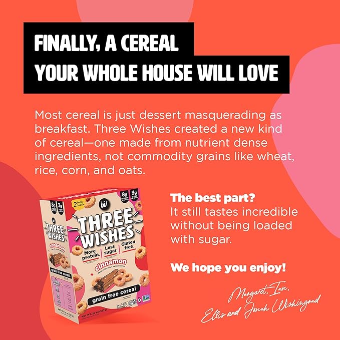 Three Wishes Grain-Free & Protein Cereal - Healthy, Low Sugar & Gluten-Free Breakfast Cereal - Low Carb, Plant-Based, Vegan & Non-GMO - Cinnamon (Big Box), 2-Pack