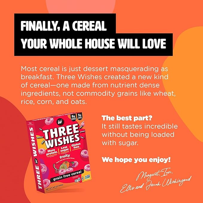 Three Wishes Grain-Free & Protein Cereal - Healthy, Low Sugar & Gluten-Free Breakfast Cereal - Low Carb, Plant-Based, Vegan & Non-GMO - Fruity, 6-Pack