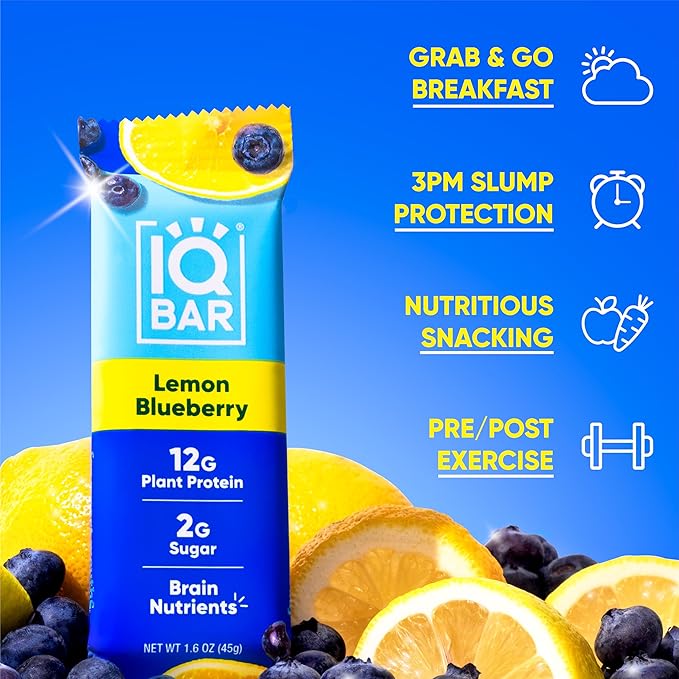 IQBAR Brain and Body Plant Protein Bars - Lemon Blueberry - 24-Count - Keto, Vegan, Low Carb, High Fiber, Gluten Free, Dairy Free, Low Sugar Snack with Nutrients for Focus, Energy, Meal Replacement