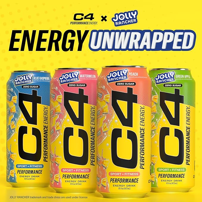 Cellucor C4 Performance Energy Drink | JOLLY RANCHER Peach | Zero Sugar Carbonated Preworkout Energy | 200mg Caffeine with Beta Alanine | 16 Fl Oz (12 Pack)