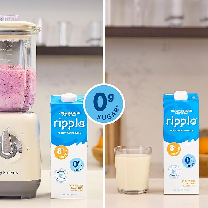 Ripple Unsweetened Original Plant Based Milk | 8g of Quality Sourced Pea Protein, Calcium Rich | Shelf Stable | Vegan, Non GMO | Dairy, Soy, Nut, & Gluten Free | 32 Fl Oz Cartons (Pack of 6)