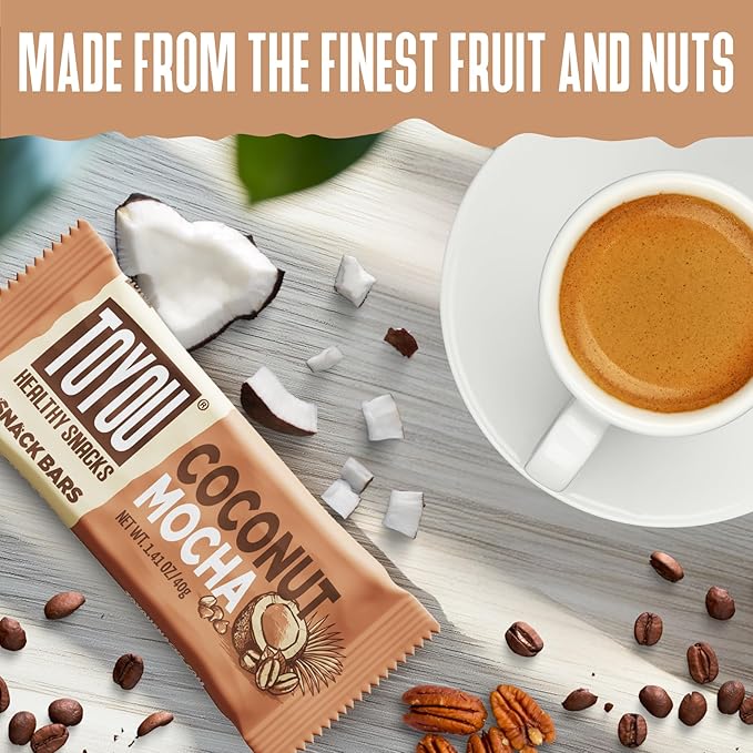 ToYou Gluten Free Chewy Fruit and Nut Bars - Healthy Protein Snacks | Coconut Mocha - 1.41 Ounce (Pack of 12) | Soft Chewy, Vegan, Fiber-Packed Granola Bars for Adults and Kids, Made with Natural Ingredients