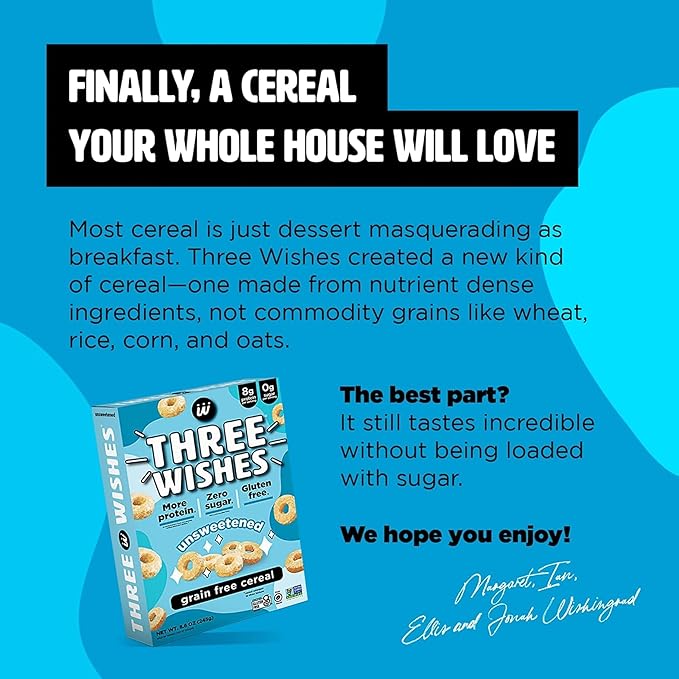 Three Wishes Grain-Free & Protein Cereal - Healthy, Sugar-Free & Gluten-Free Breakfast Cereal - Low Carb, Plant-Based, Vegan & Non-GMO - Unsweetened, 6-Pack