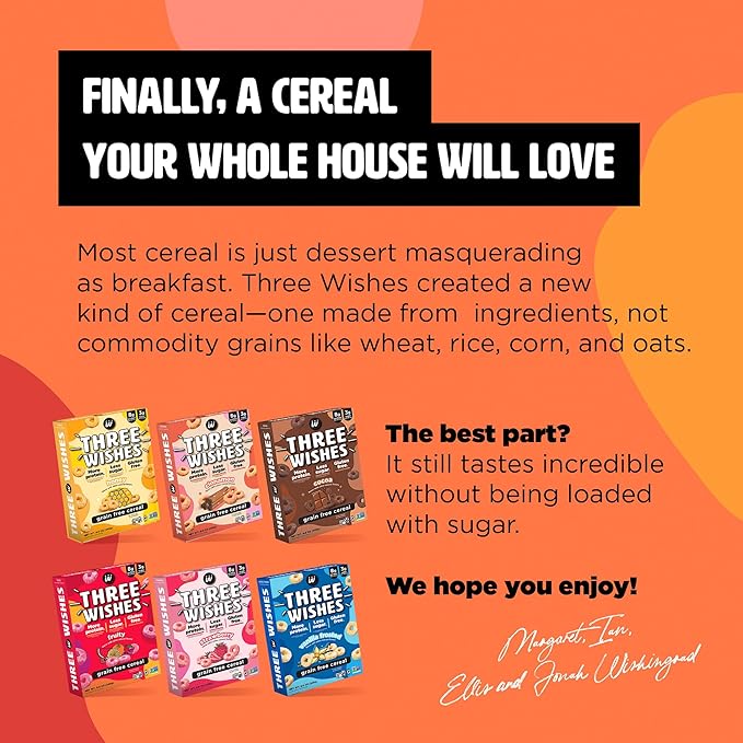 Three Wishes Grain-Free & Protein Cereal - Healthy, Low Sugar & Gluten-Free Breakfast Cereal - Low Carb, Plant-Based, Vegan & Non-GMO - Variety 6-Pack