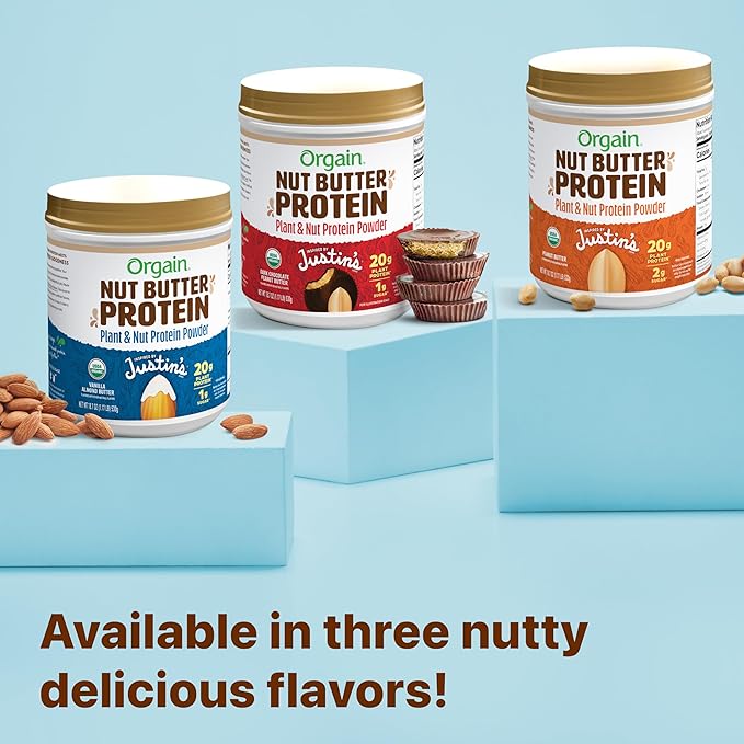 Orgain X Justin's ® Organic Vegan Nut Butter Protein Powder, Vanilla Almond Butter- 20g Plant Protein, 1g Sugar, Gluten Free, No Dairy, Soy Ingredients, or Artificial Flavors, 1.17 lb