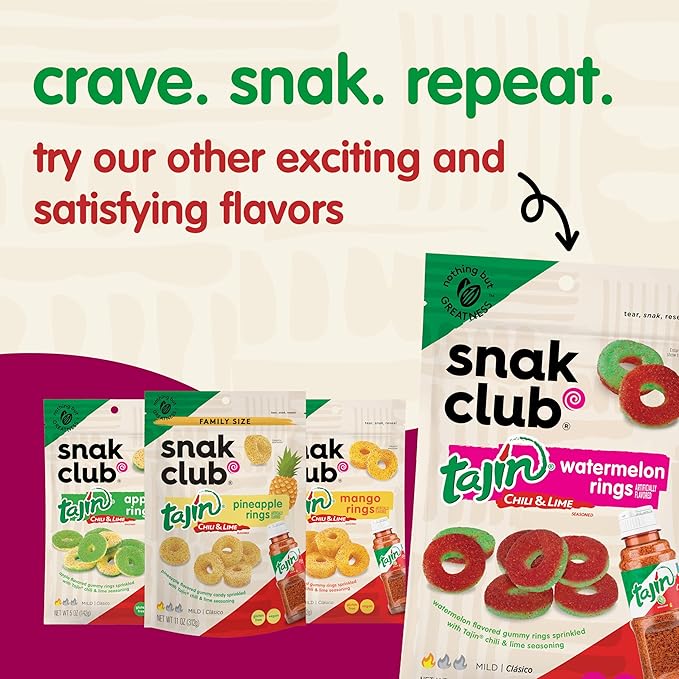 Snak Club Tajin Peach Rings Gummy Candy, Fruit Candy Gummies with Chili and Lime Seasoning, Mild, Gluten-Free and Vegan Snacks, 5 oz Resealable Bags, 6 Pack