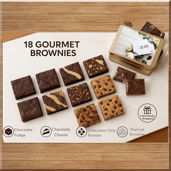 I'm Sorry Gift Basket - 18 Individually Wrapped Brownies Freshly Baked in a Variety of Flavors - Dulcet's Signature Flavored Fudge Brownies - Gift Box Comes with Apology Gift Card