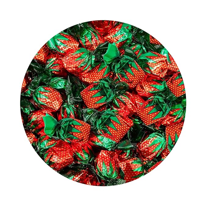Hard Strawberry Candy - Individually Wrapped Strawberry Candies with Soft Center - Filled Bon Bon Bulk Hard Candies - Grandma's Candy - Classic Berry Shaped Fruit Filled Bonbons (1 Pound)