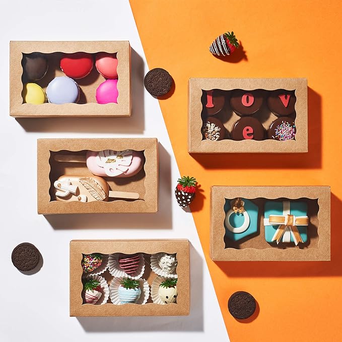 RomanticBaking 100 Pack Brown 7 x 4 3/8 x 1 1/2inches Cookies Boxes for Wedding Baby Shower Bakery Boxes for Macaron Truffle Donut Chocolate Cakesicle