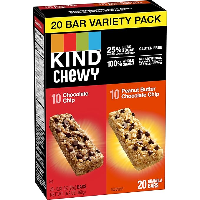 KIND Chewy Granola Bars, Variety Pack, Chocolate Chip and Peanut Butter Chocolate Chip, Gluten Free, 100 Calories, Whole Grains and Oats, 20 Count