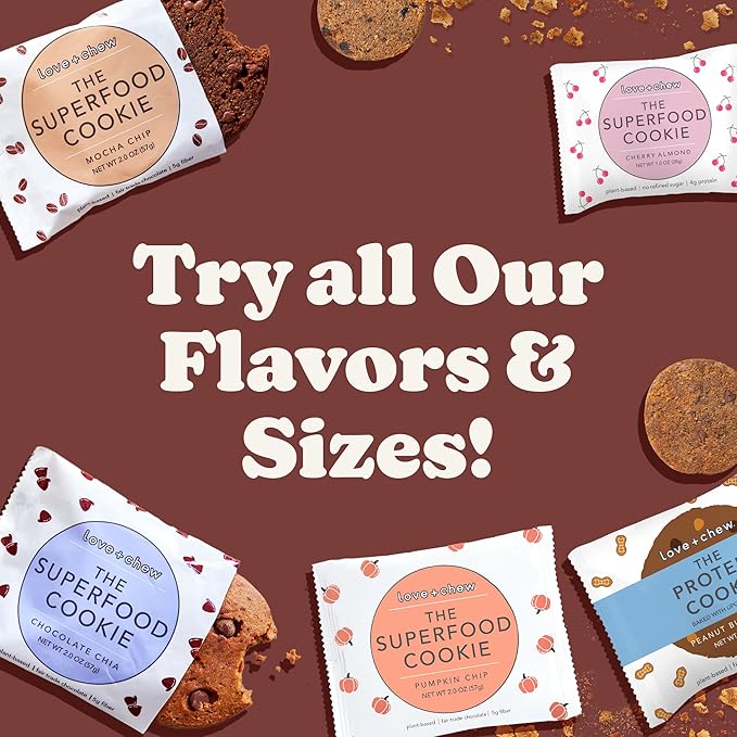 Love + Chew Mini Vegan Cookies, Gluten Free, 3g Plant Based Protein Per Cookie with Dark Chocolate and Coffee, Healthy Snacks for Adults, Individually Wrapped Cookies, Mocha Chip, 18 Pack