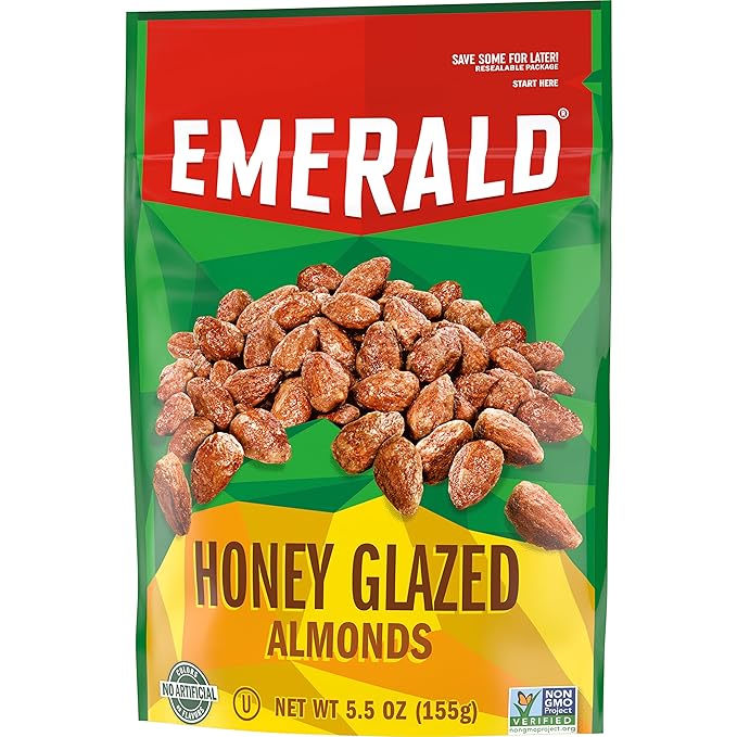 Emerald Nuts Honey Glazed Almonds (1-Pack), 5.5oz Resealable Bag, Kosher Dairy Certified, Non-GMO, Contains No Artificial Preservatives, Flavors or Synthetic Colors