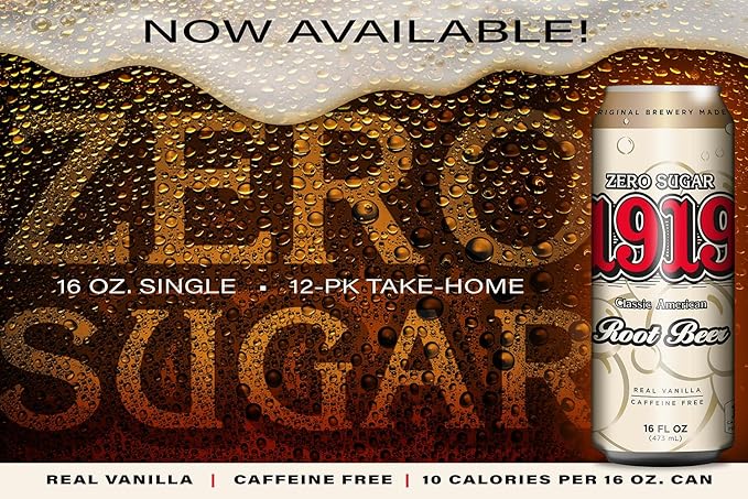 1919 Zero Sugar Draft Root Beer Soda, 16oz Cans, Caffeine-Free, Sugar Free and Real Vanilla, Small Batch, Creamy, Full Bodied, Family-Founded, Birthday Parties, Sporting Events, Made in USA, 12-Pack