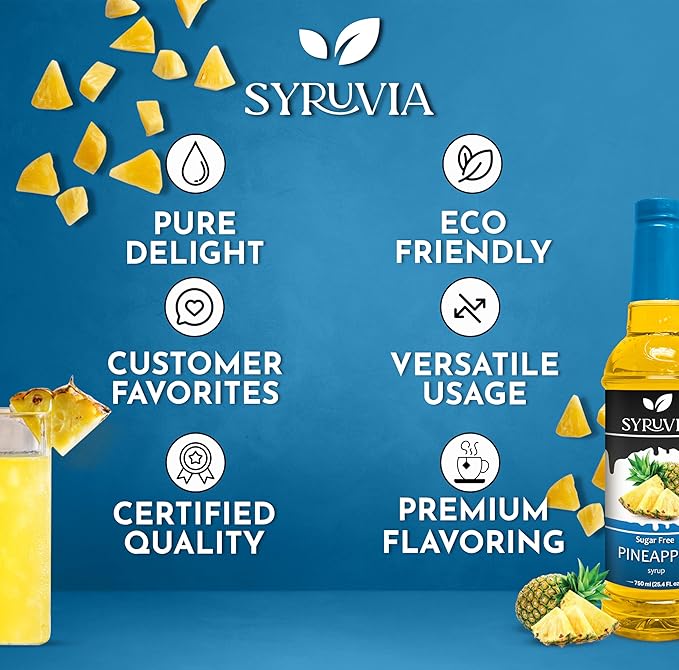 Syruvia Sugar-Free Pineapple Syrup, Flavored Syrup for Drinks, Cocktails, Lemonades, Iced Teas, and Desserts – 25.4 fl oz (Pack of 2)