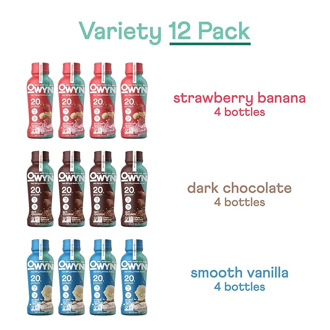 OWYN Only What You Need Protein Shake Variety Pack, Strawberry Banana, Dark Chocolate, Smooth Vanilla Flavored Protein Shakes, 20g Protein, 4g Sugar, 3g Fiber, Dairy Free, Plant Based Protein, 12 CT