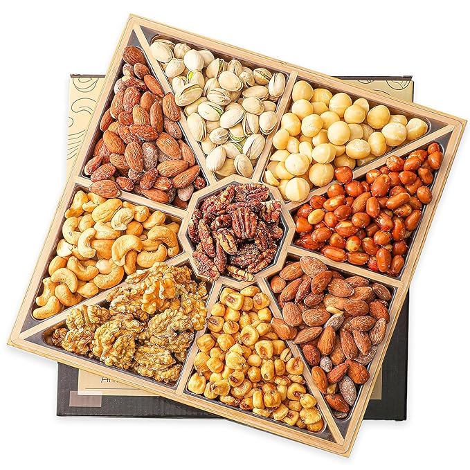 Gourmet Mixed Nuts Gift Basket in Sleek Bamboo Wood Reusable Platter | XL 2 lb Platter Includes 9 Assortments of Premium Nuts, Kosher