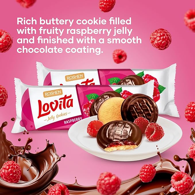 Roshen Lovita Cookies with Raspberry Jelly Filling, 4.76 oz, Golden Biscuit with Bright Raspberry Jelly & Smooth Chocolate Glaze, European Gourmet Cookies, Pack of 2