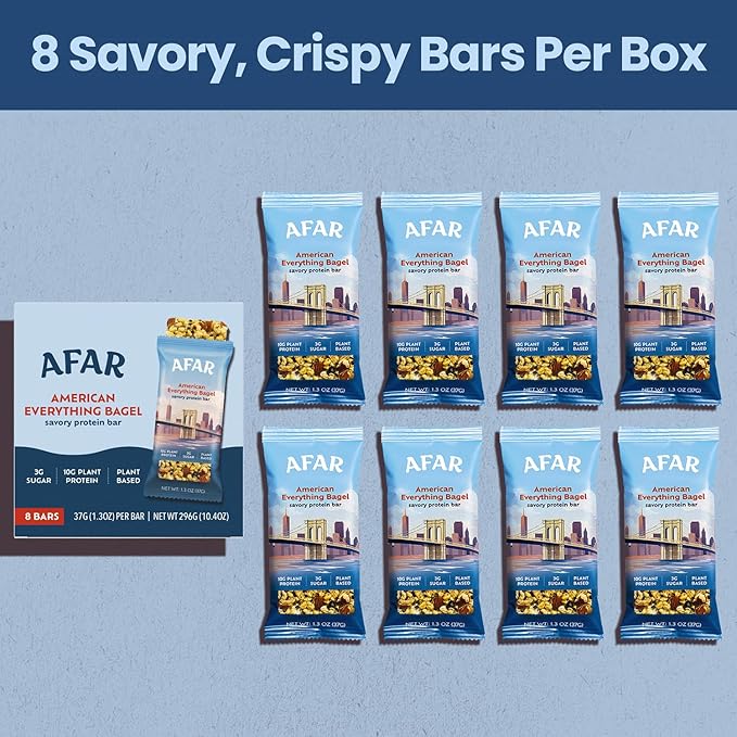 Afar Savory Protein Bars – Low Sugar, High Protein – Healthy Snacks for Adults – Meal Replacement Bar – Rice Crispy Texture – Vegan, Gluten Free (8 Bars, American Everything Bagel)
