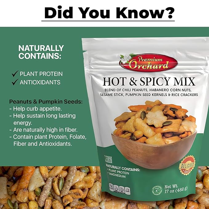 MIXED NUTS Hot & Spicy Mix - Chili Peanuts Habanero Corn Nuts Sesame Sticks Pumpkin Seed Kernels and Rice Crackers Snacks Non GMO Healthy Snacks Nuts - 17 oz