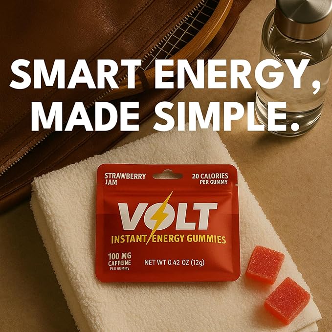 Volt Instant Energy Gummies - 100mg Caffeine per Gummy - Fast-Acting Fuel for Workout, Race + Study - Energy Drink Alternative - Caffeine Chews for Women & Men - Made in USA - Strawberry Jam - 12 Pack