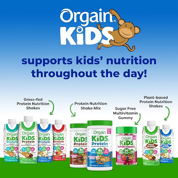 Orgain Organic Kids Nutritional Protein Shake, Strawberry, Healthy Kids Snacks, 8g Dairy Protein, 3g of Fiber, 22 Vitamins & Minerals, No Soy ingredients, Gluten Free, Non-GMO, 8.25 Fl Oz (Pack of 12)
