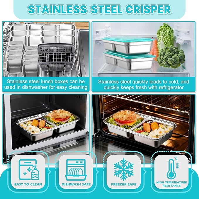 8PCS Stainless Steel Snack Containers — Double Compartment Lunch Boxes + 4Small Sauce Cups | 304 Food-Grade | Reusable, Stackable & Dishwasher Safe | Leak-Resistant Lids for Travel, Kids Lunches