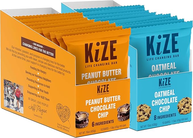 KiZE Energy Bars Variety Pack – Peanut Butter Chocolate Chip (10g Protein) & Oatmeal Chocolate Chip (7g Protein) – Gluten-Free, Dairy-Free, Non-GMO, Clean Meal Replacement Snack Bars – 20 Count