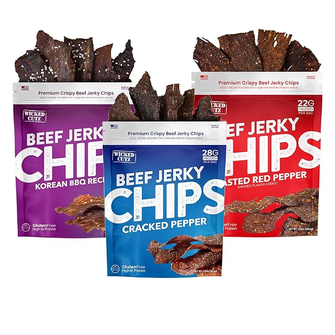 Wicked Cutz Roasted Red Pepper Beef Jerky Chips, 22g Protein per Bag, Crispy & Crunchy Beef Jerky Crisps, USA Made Pepper Flavored Chips, High Carnivore Snacks (2 Bags)