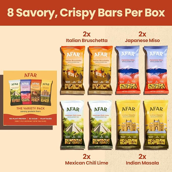Afar Savory Protein Bars – Low Sugar, High Protein – Healthy Snacks for Adults – Meal Replacement Bar – Rice Crispy Texture – Vegan, Gluten Free (8 Bars, Variety Pack)