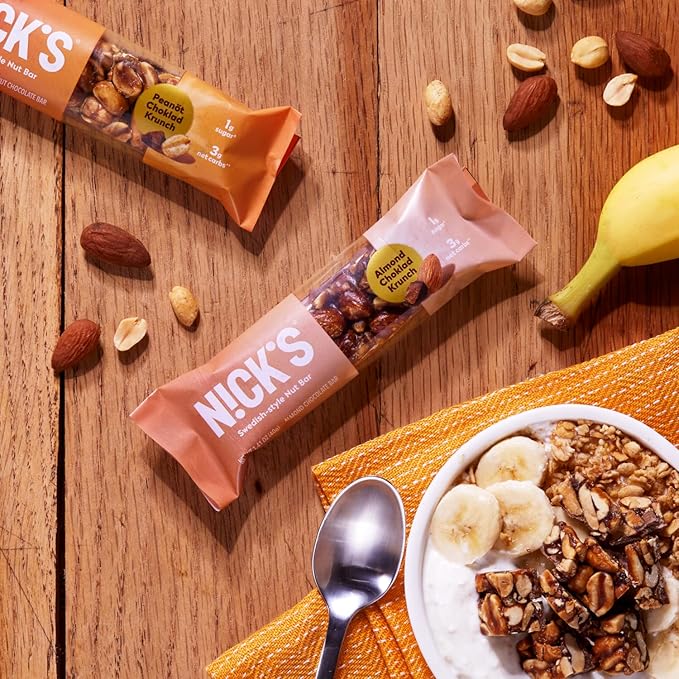 NICK'S Peanut Chocolate Snack Bar, Keto Nut Snack for Sports, Hiking & Outdoor Activities, 1G sugar, 3G net carbs, healthy snack bar (pack of 12)