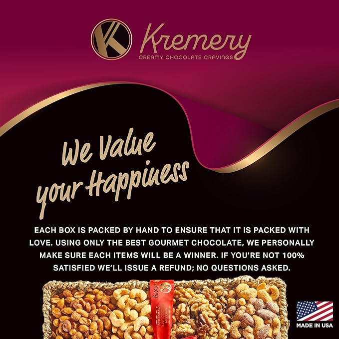 KREMERY Gourmet Nut Gift Basket - Valentines Day Mixed Nuts Gift Basket in Seagrass Tray with Ribbon (8 Assortments) Treats for Adults, Food Arrangement, Healthy Snack Care Package, Kosher