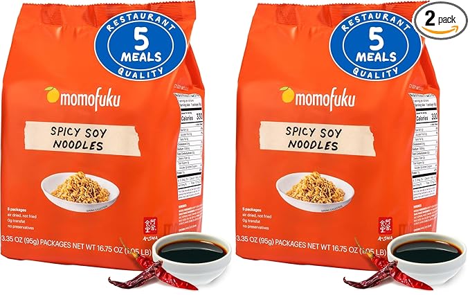 Momofuku Spicy Soy Ramen Noodles by David Chang, 5 Count (Pack of 2) Air-Dried Vegan Instant Noodles with Sauce