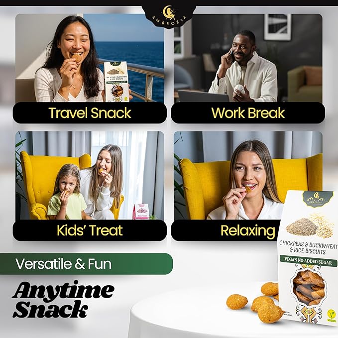 Ambrozia Vegan Snack Biscuits – Chickpeas, Buckwheat & Rice - Soft Baked, No Added Sugar, Clean Label, High Fiber & Wholesome Ingredients, Kid-Friendly, Healthy Snacks for Active Lifestyles, 4.58 Oz