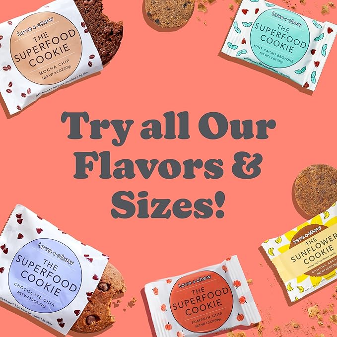 Love + Chew Superfood Soft Baked Vegan Cookies, Gluten Free, 7g Plant Based Protein Cookie, Healthy Snacks for Adults or Kids, Refined Sugar Free, Individually Wrapped, Pumpkin Chocolate Chip, 10 Pack