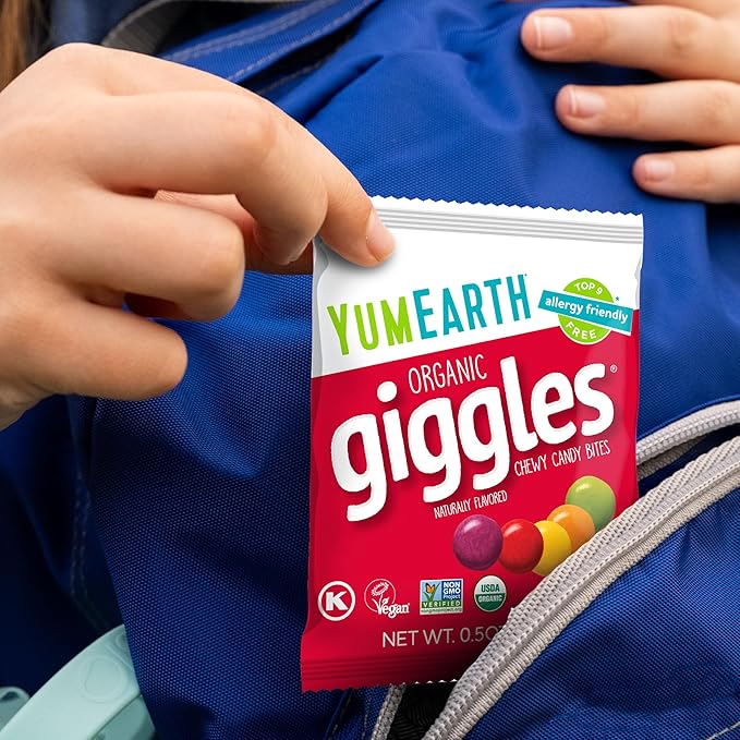 YumEarth Organic Giggles Chewy Candy – Allergy Friendly, No Artificial Dyes, Non GMO, Gluten Free, Fruit Flavored, Vegan Candy Snacks 0.5 oz (Box of 15)